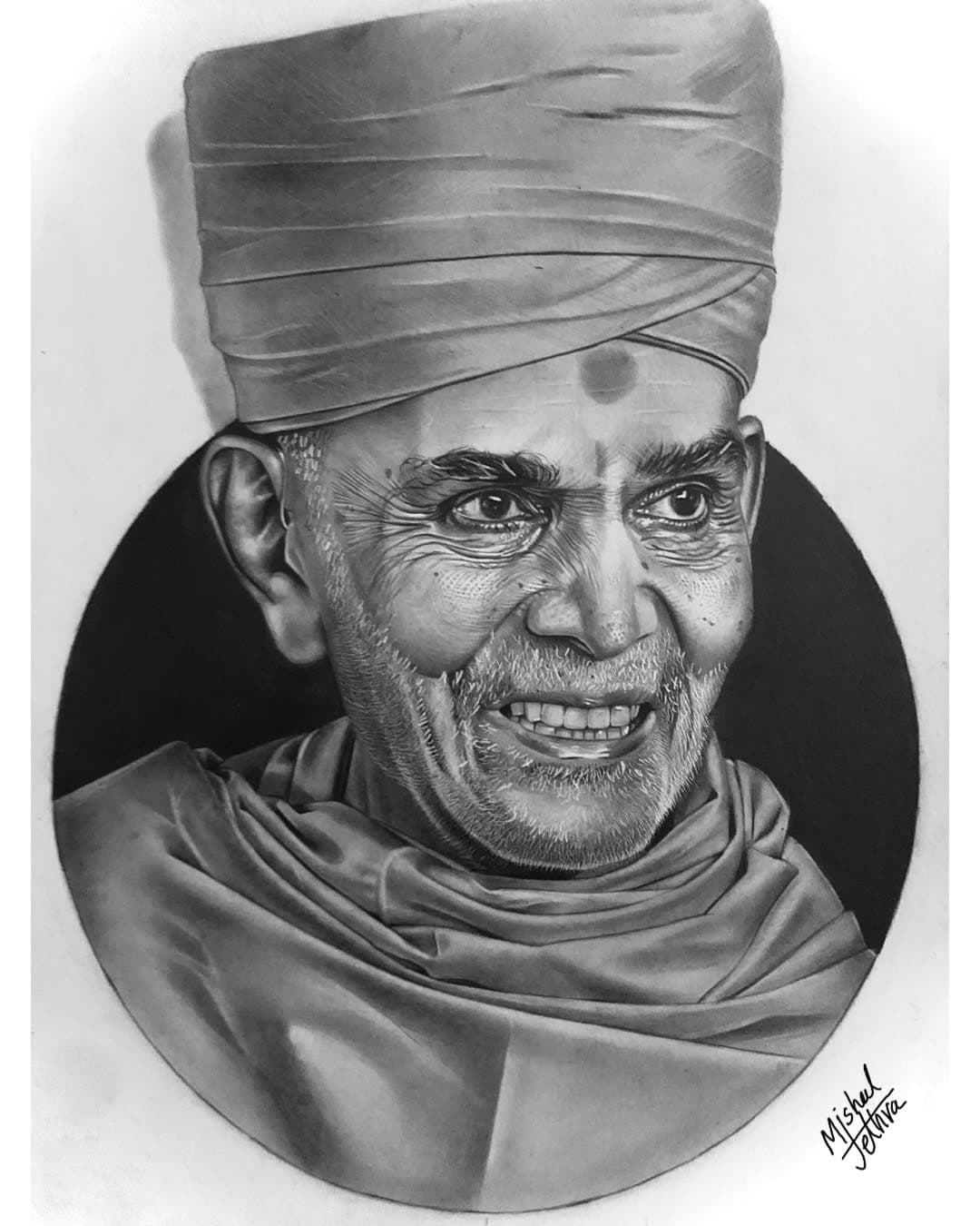 Divine Serenity: Graphite Portrait of Mahant Swami Maharaj